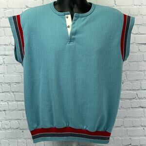 Vintage 80s Bassett Walker Snap Henley Sweatshirt Sleeveless USA Blue M Medium